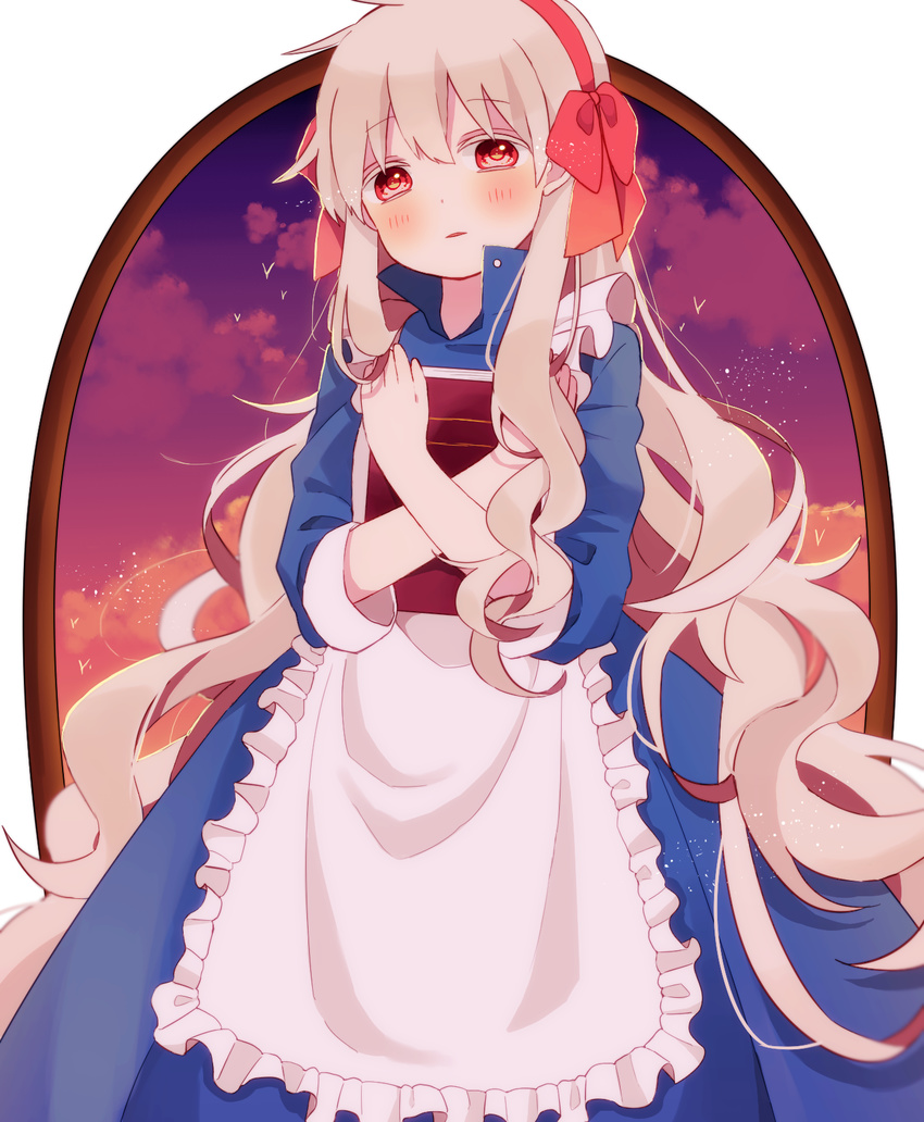 64hijiki book dress hair_ribbon highres kagerou_project kozakura_marry long_hair red_eyes ribbon silver_hair solo