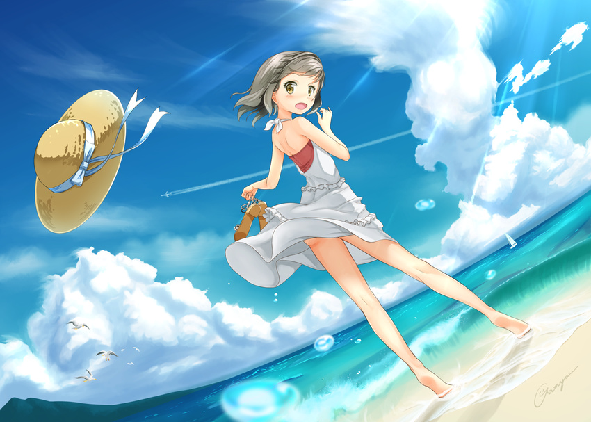 back bangs bare_legs bare_shoulders barefoot beach bird blush boat brown_eyes brown_hair cloud condensation_trail day dress dutch_angle from_behind gamyuu_(gamyu) grey_hair halterneck hat hat_loss hat_ribbon highres holding holding_shoes looking_back ocean open_mouth original outdoors ribbon sailboat sandals sandals_removed seagull shoes shoes_removed short_hair signature sky solo standing sun_hat sundress sunlight tiptoes water watercraft white_dress wind wind_lift