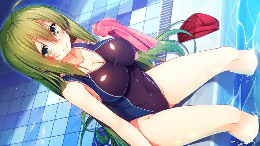 1girl aristear_remain astronauts astronauts_comet bare_arms bare_legs bare_shoulders blush breasts cleavage covered_navel dutch_angle eyebrows eyebrows_visible_through_hair game_cg green_eyes green_hair highres holding ichinose_anzu kokusan_moyashi large_breasts legs long_hair looking_at_viewer mound_of_venus pool rozea sitting smile solo swimsuit thighs towel water wet