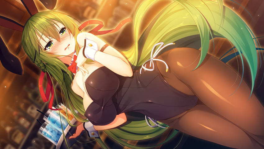 1girl aristear_remain astronauts astronauts_comet bare_shoulders blush bottle bowtie breasts bunny_ears bunny_girl bunnysuit cleavage covered_navel cup drink dutch_angle embarrassed eyebrows eyebrows_visible_through_hair fake_animal_ears floating_hair game_cg green_eyes green_hair highres ichinose_anzu indoors kokusan_moyashi large_breasts legs long_hair looking_at_viewer mound_of_venus pantyhose parted_lips raised_eyebrows rozea solo standing thighs tray wrist_cuffs