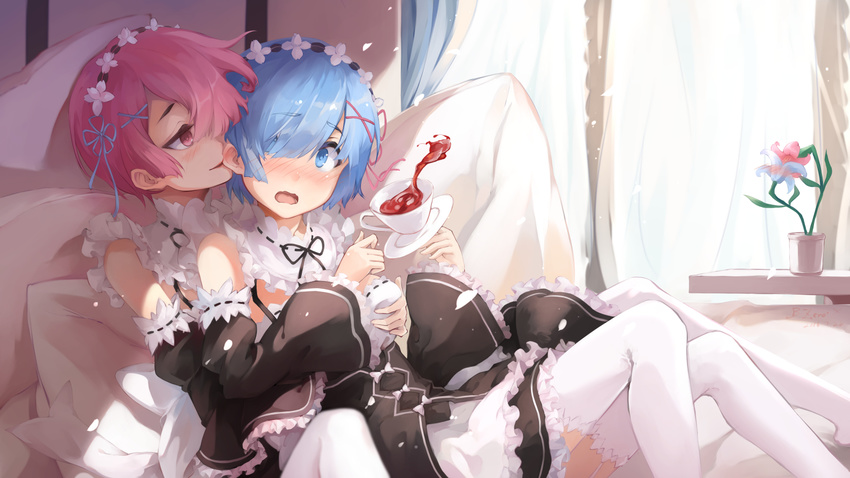 apron bangs bare_shoulders bed bed_sheet black_dress blue_eyes blue_hair blunt_bangs blush breast_grab breasts bzerox cleavage cup curtains cushion detached_collar detached_sleeves dress ear_kiss eye_contact grabbing hair_ornament hair_over_one_eye hairclip incest indoors looking_at_another maid maid_headdress medium_breasts multiple_girls open_mouth pink_eyes pink_hair ram_(re:zero) re:zero_kara_hajimeru_isekai_seikatsu rem_(re:zero) short_hair siblings sisters sitting sitting_on_person spilling sunlight tea teacup thighhighs twincest twins waist_apron wavy_mouth white_legwear wide_sleeves window x_hair_ornament yuri