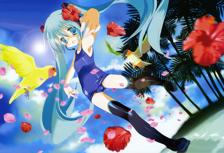beach bird black_legwear day flower green_eyes green_hair hatsune_miku headset hibiscus highres long_hair miyashita_miki non-web_source one-piece_swimsuit outdoors palm_tree parrot petals school_swimsuit sky solo standing standing_on_one_leg swimsuit thighhighs tree twintails very_long_hair vocaloid