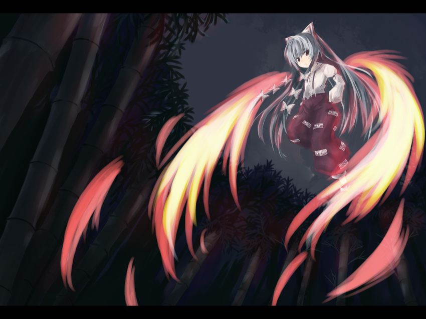 artist_request bamboo bamboo_forest bangs bow dress_shirt fiery_wings fire flying forest fujiwara_no_mokou hair_bow hand_in_pocket highres letterboxed long_hair long_sleeves looking_at_viewer nature night night_sky ofuda pants puffy_long_sleeves puffy_sleeves red_pants shirt silver_hair sky solo suspenders touhou very_long_hair white_bow white_shirt wings