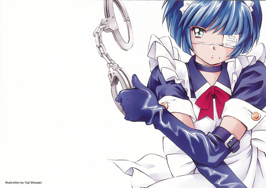 blue_hair cuffs eyepatch gloves green_eyes handcuffs highres ikkitousen maid official_art ryomou_shimei shiozaki_yuji solo