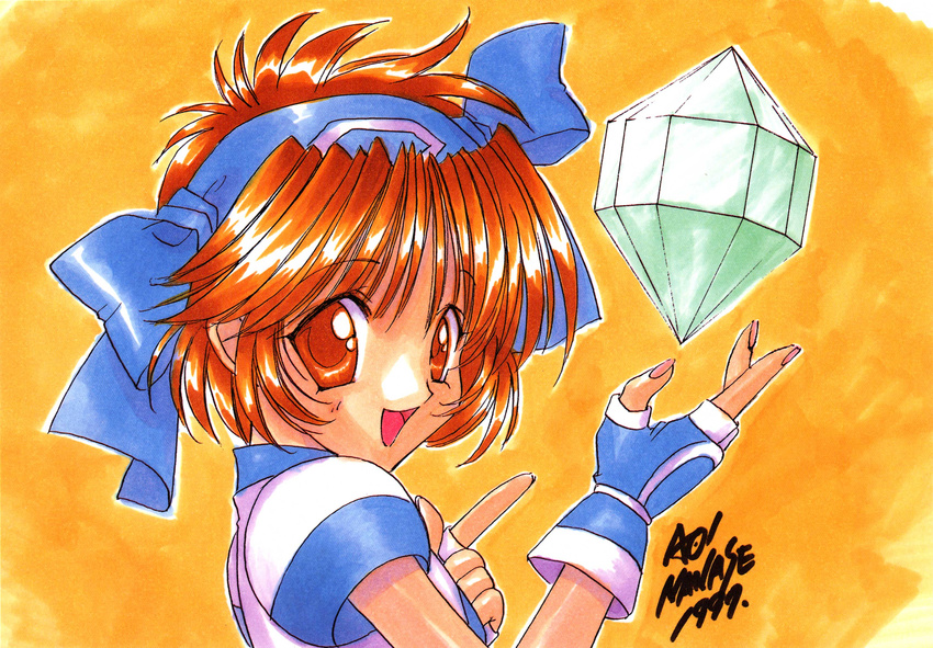 1girl 90s absurdres brown_eyes brown_hair crystal fingerless_gloves gloves hairband highres konril nail_polish nanase_aoi orange_background pink_nails rimururu samurai_spirits scan short_hair signature smile solo