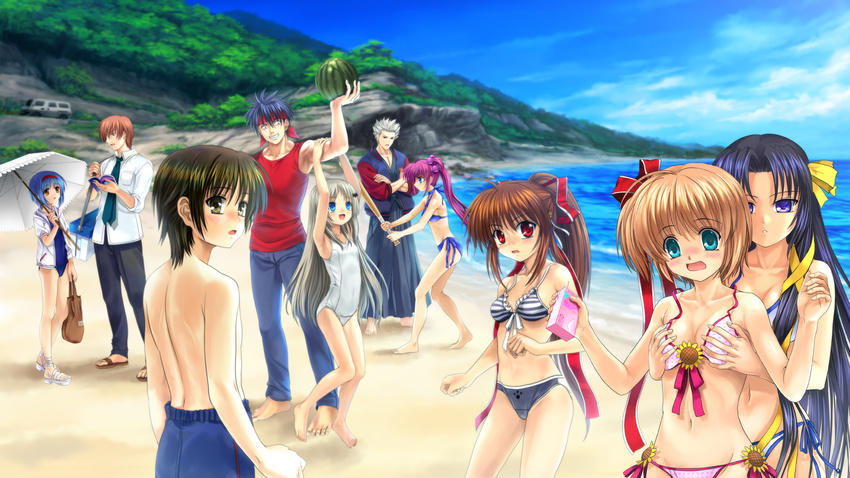 6+girls absurdres bag barefoot bat beach bikini book breast_grab breasts day food front-tie_top fruit grabbing hair_bobbles hair_ornament hair_ribbon hairband highres inohara_masato jacket jacket_over_swimsuit kamikita_komari kurugaya_yuiko little_busters! medium_breasts miyazawa_kengo multiple_boys multiple_girls mutsuki_(moonknives) naoe_riki natsume_kyousuke natsume_rin nishizono_mio noumi_kudryavka one-piece_swimsuit parasol polka_dot polka_dot_bikini polka_dot_swimsuit ribbon saigusa_haruka sandals school_swimsuit side-tie_bikini striped striped_bikini striped_swimsuit swimsuit umbrella watermelon