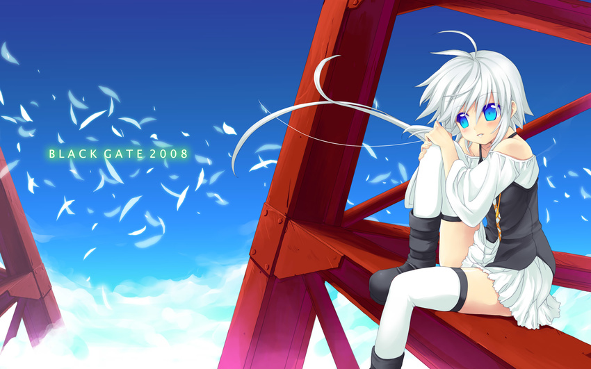 bare_shoulders blue_eyes cloud construction_site copyright_request day frills garters highres lingerie minamura_haruki outdoors sky solo thighhighs underwear wallpaper white_hair zettai_ryouiki