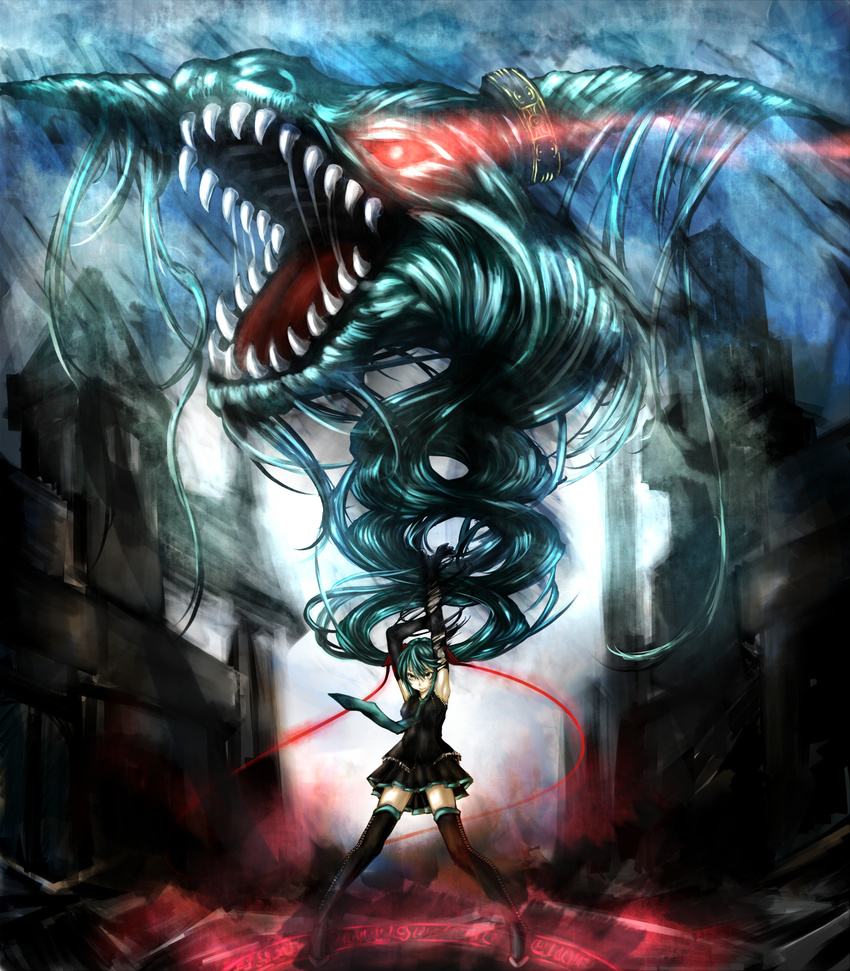 absurdly_long_hair aqua_eyes aqua_hair arms_up avavago_(parody) bayonetta detached_sleeves dragon eiji_(eiji) gomorrah_(bayonetta) hatsune_miku highres living_hair long_hair magic_circle necktie parody red_eyes solo thighhighs twintails very_long_hair vocaloid zettai_ryouiki