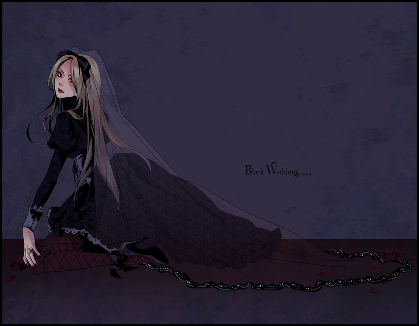 axis_powers_hetalia bad_id bad_pixiv_id belarus_(hetalia) black_nails black_wedding_dress blonde_hair bow bridal_veil bride corset dark_bride dress eyeshadow fishnet_pantyhose fishnets flower hair_bow hair_ribbon high_heels jewelry lipstick long_hair makeup nail_polish pantyhose petals petticoat red_lipstick ribbon ring rose shoes solo temari114 veil wedding_dress