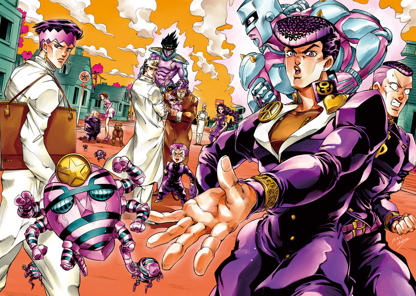 apron araki_hirohiko_(style) arnold_(jojo) aura baby bag beard black_hair bookbag brown_hair carrying cha_kuro_(limo) chef chef_hat clenched_hand clenched_hands clenched_teeth cloud coin crazy_diamond crossed_arms dated dog dollar_sign dress earrings facial_hair facial_mark fat foreshortening frown gakuran glasses harvest_(stand) hat heart higashikata_jousuke highres house jewelry jojo_no_kimyou_na_bouken joseph_joestar kishibe_rohan kuujou_joutarou leaning_back long_coat long_hair looking_back nijimura_okuyasu open_mouth pacifier peace_symbol pompadour purple_eyes purple_hair road road_sign school_uniform serafuku serious shizuka_joestar sign signature sketchbook sky stand_(jojo) star star_platinum street stud_earrings sugimoto_reimi sunglasses sweat teeth tonio_trussardi tree wavy_hair yamagishi_yukako yanguu_shigekiyo zipper