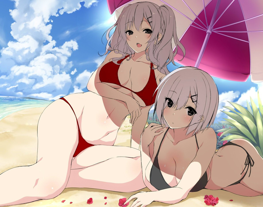 :d :o arm_support bangs beach beach_umbrella bikini black_eyes blue_eyes blue_sky blush breasts bush cleavage cloud collarbone day flower hair_ornament hairclip hamakaze_(kantai_collection) horizon kantai_collection kashima_(kantai_collection) large_breasts lying multiple_girls nironiro ocean on_stomach open_mouth outdoors parted_bangs petals plant red_bikini red_flower sand shore short_hair short_twintails side-tie_bikini silver_hair sitting sky smile sunlight swimsuit twintails umbrella underboob water wavy_hair yokozuwari