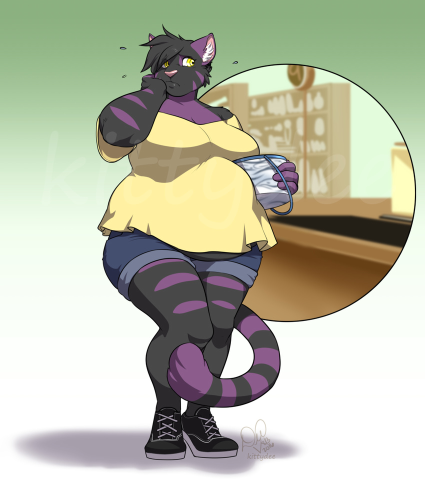 anthro clothed clothing feline female fur kittydee mammal obese overweight simple_background solo standing striped_tail stripes sweat