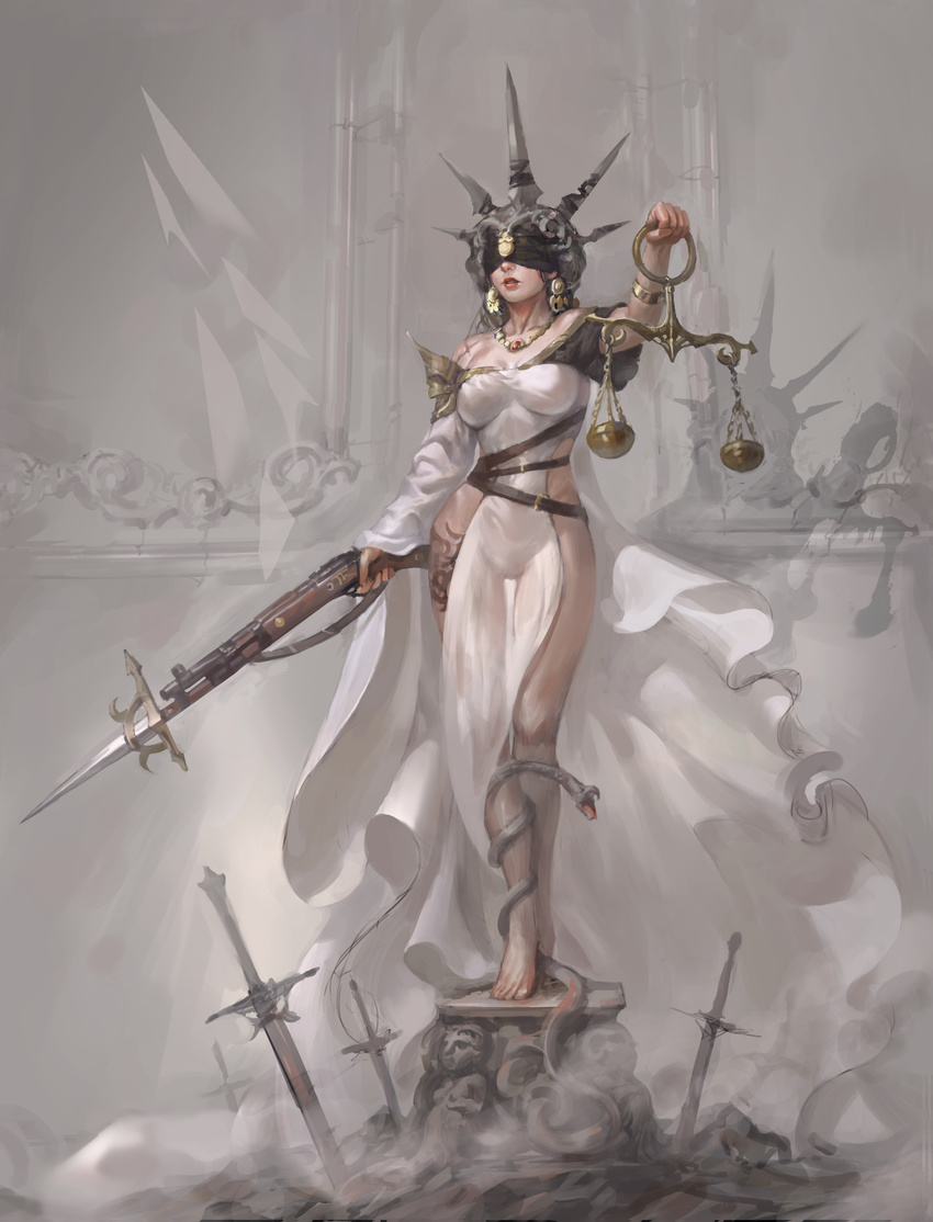 absurdres barefoot bayonet bracelet dress earrings full_body gun headpiece highres holding holding_gun holding_weapon jewelry mask necklace parted_lips pedestal planted_sword planted_weapon scales shadow shaonav snake solo standing sword weapon white_dress