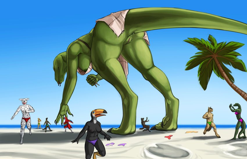 2016 4_toes 5_fingers anthro anus athletic avian background_characters beach beak bent_arm bent_legs bent_over big_thighs bikini biped bird black_feathers blue_eyes blue_feathers breasts brown_fur canine catch claws clothed clothing dalmatian day digital_media_(artwork) digital_painting_(artwork) digitigrade dog eating equine exposed_breasts fear feathers female fist footprints foreshortening fur geb green_scales green_skin grey_claws group hooves horse humanoid_hands loincloth long_neck long_tail looking_down looking_up low-angle_view macro male mammal mostly_nude multicolored_feathers mustelid one_breast_out open_mouth otter outside palm_tree panic panties parrot predator/prey pussy raised_arm red_feathers reptile running scales scalie sea seaside shaded side_boob simple_background size_difference smile snake snout soft_shading speedo spots spotted_fur swimsuit tan_fur theowlette thick_tail toes tongue tongue_out topless toucan tree underwear victim vore water white_fur winged_arms wings worm's-eye_view yellow_feathers yellow_fur