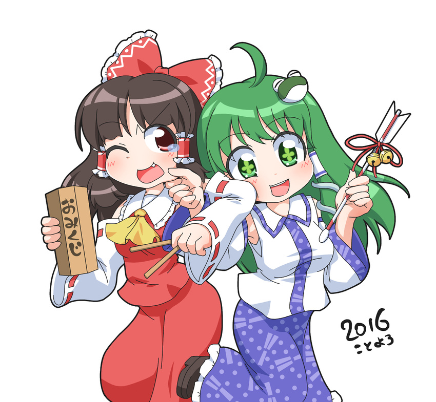 2girls :d ahoge ascot bell brown_hair cheek_pinching detached_sleeves fang frog_hair_ornament green_eyes green_hair hair_ornament hakurei_reimu highres holding jingle_bell kochiya_sanae long_hair long_skirt looking_at_viewer multiple_girls open_mouth pinching red_eyes simple_background skirt smile snake_hair_ornament standing standing_on_one_leg symbol-shaped_pupils tears touhou translated unachika wand white_background