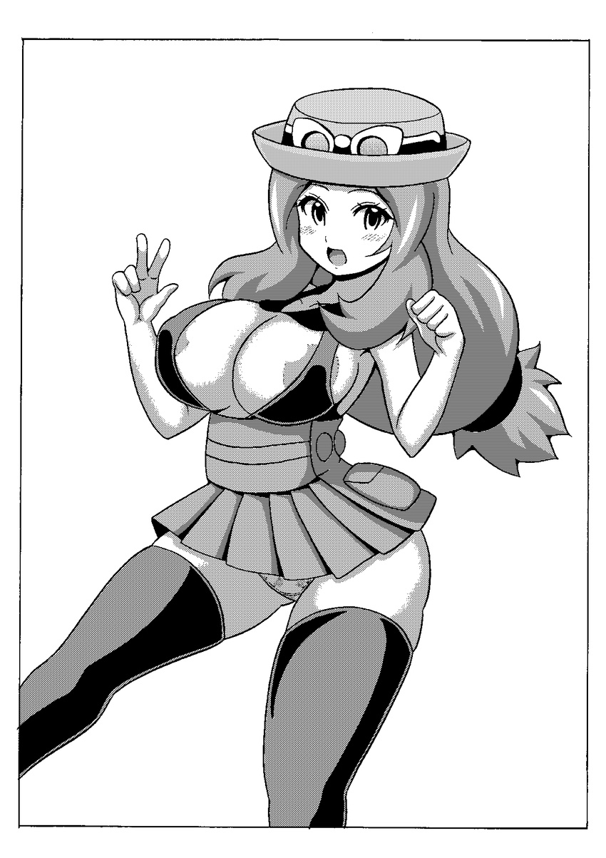 areola_slip areolae blush breasts greyscale hat high-waist_skirt highres koutarosu large_breasts long_hair looking_at_viewer microskirt monochrome nipple_slip nipples open_mouth pokemon pokemon_(game) pokemon_xy serena_(pokemon) skirt solo thighhighs underwear white_background