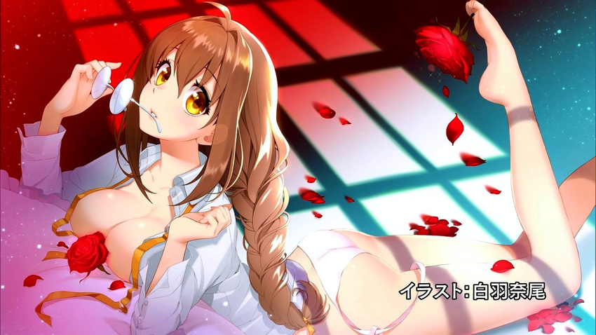 ass barefoot between_toes blush braid breasts brown_hair cleavage end_card eyewear_removed flower foot_hold glasses highres holding holding_eyewear large_breasts leg_up lips long_hair lying no_bra on_stomach open_clothes open_shirt panties petals pillow rakudai_kishi_no_cavalry ribbon rose rose_petals shadow shirahane_nao shirt side-tie_panties solo sparkle the_pose toudou_touka twin_braids underwear untied untied_panties very_long_hair yellow_eyes