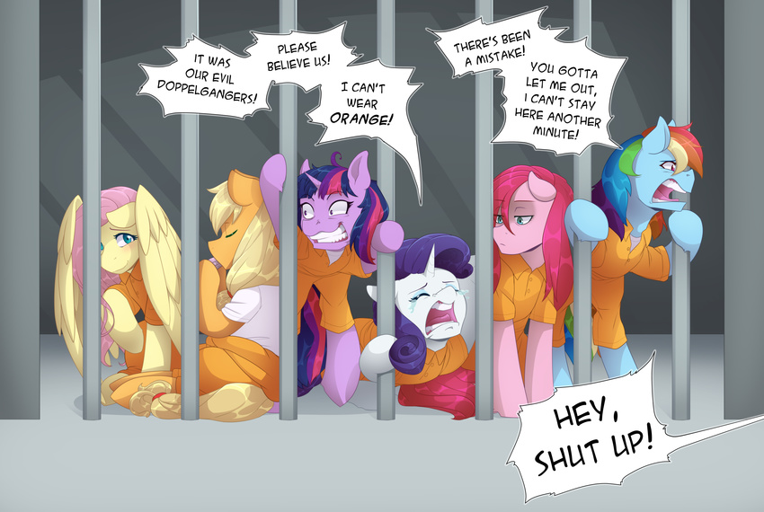 2016 applejack_(mlp) clothing dialogue english_text equine female fluttershy_(mlp) friendship_is_magic group hi_res horn horse mammal my_little_pony mylittlesheepy overalls pegasus pinkamena_(mlp) pinkie_pie_(mlp) pony prison prison_cell prison_outfit prison_overalls prison_uniform rainbow_dash_(mlp) rarity_(mlp) text twilight_sparkle_(mlp) unicorn wings