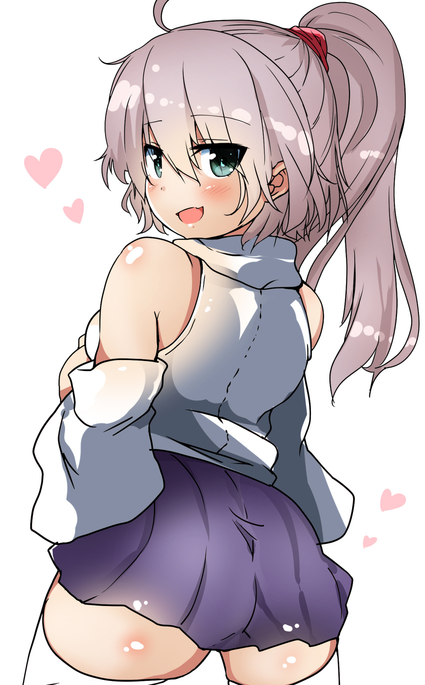 :d ahoge ass back bare_shoulders blush breasts detached_sleeves eyes_visible_through_hair fang green_eyes grey_hair heart highres looking_at_viewer looking_back lovestruck medium_breasts miniskirt mononobe_no_futo no_hat no_headwear open_mouth pleated_skirt ponytail scrunchie skindentation skirt smile solo takashi_(nekoro) thick_thighs thighhighs thighs touhou