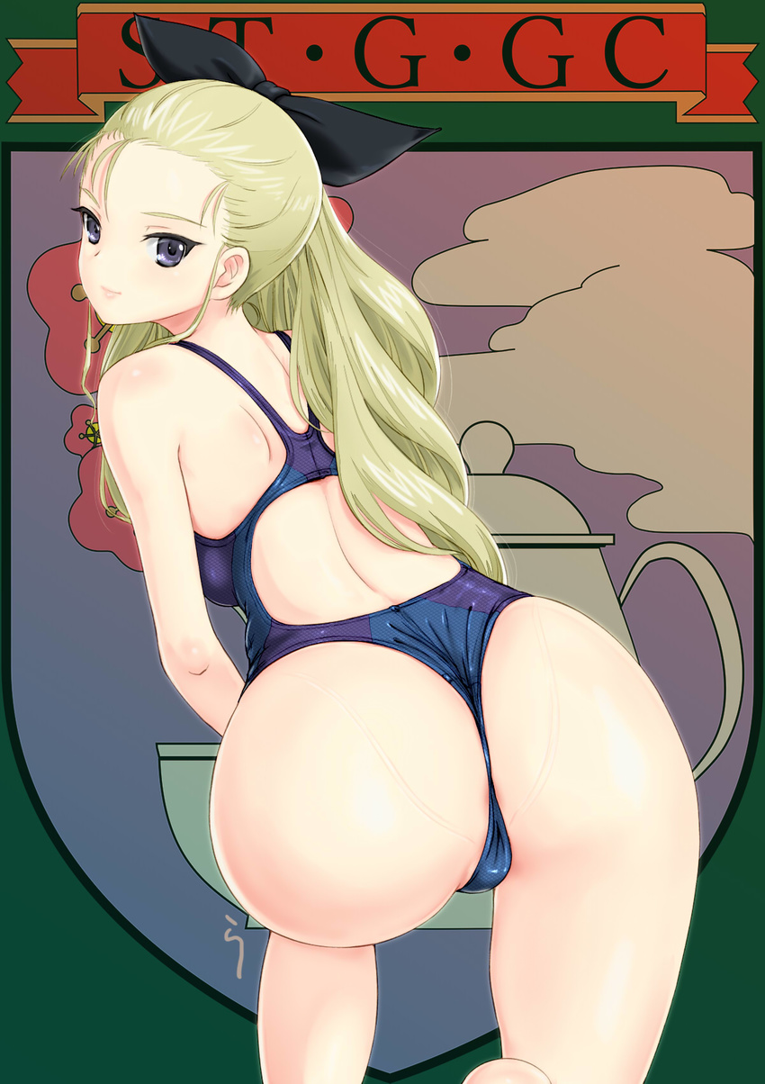 ass assam bare_arms bare_shoulders blonde_hair blue_eyes blue_swimsuit closed_mouth emblem from_behind girls_und_panzer highres leaning_forward long_hair looking_back one-piece_swimsuit one_knee rasukaru smile solo st._gloriana's_(emblem) swimsuit very_long_hair wedgie