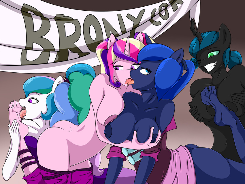 anthro banner breasts bronycon bronypanda butt changeling clothing cosplay equine feet female female/female fondling foot_fetish french_kissing friendship_is_magic grope group group_sex horn horse kissing licking mammal my_little_pony nipples open_mouth pony princess_cadance_(mlp) princess_celestia_(mlp) princess_luna_(mlp) queen_chrysalis_(mlp) sex tongue tongue_out undressing winged_unicorn wings