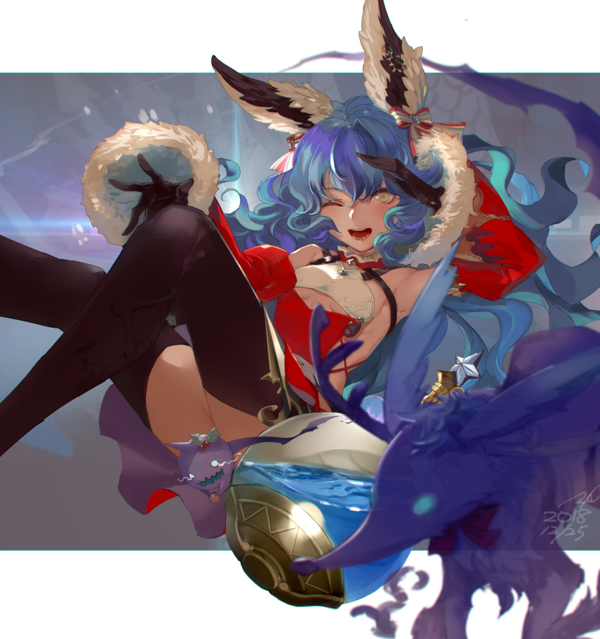 1girl :d animal_ears armpit_crease backless_dress backless_outfit bangs bare_shoulders bauble belt black_background black_gloves black_legwear blue_hair blurry_foreground blush bow breasts creature detached_collar detached_sleeves dress earrings erune ferry_(granblue_fantasy) flask floating_hair fur-trimmed_sleeves fur_trim gloves granblue_fantasy hair_bow highres holding hoop_earrings jewelry juliet_sleeves kumonji_aruto leg_up light_particles long_hair long_sleeves looking_at_viewer one_eye_closed open_mouth orange_eyes panties puffy_sleeves red_dress red_footwear santa_costume shoes single_earring small_breasts smile solo striped striped_bow thighhighs underwear upper_teeth wavy_hair wide_sleeves yellow_eyes