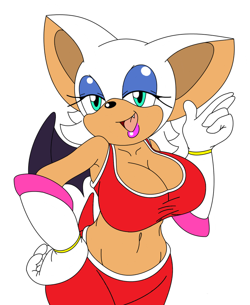 anthro armpits bat big_breasts blue_eyes bra breasts cleavage clothed clothing female gloves hair hi_res mammal michiyoshi navel open_mouth rouge_the_bat simple_background smile solo sonic_(series) sports_bra underwear white_background white_hair wings