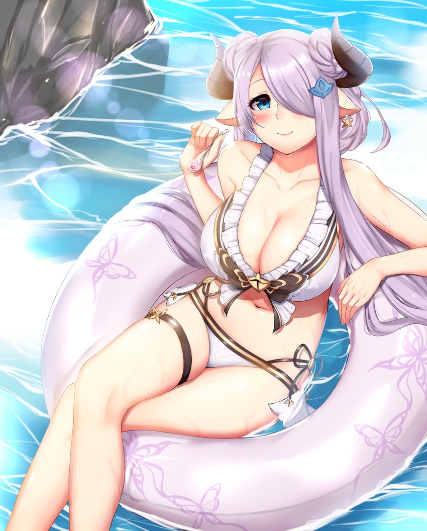 absurdres animal_print bare_arms bikini blue_eyes braid breasts butterfly_earrings butterfly_print cleavage closed_mouth collarbone crossed_legs draph eyelashes food frills from_above granblue_fantasy hair_ornament hair_over_one_eye highres holding holding_spoon horns innertube kusahagane large_breasts lavender_hair lens_flare long_hair looking_at_viewer narmaya_(granblue_fantasy) navel pointy_ears purple_hair side-tie_bikini sitting smile solo spoon stomach swimsuit thigh_strap water wet white_bikini