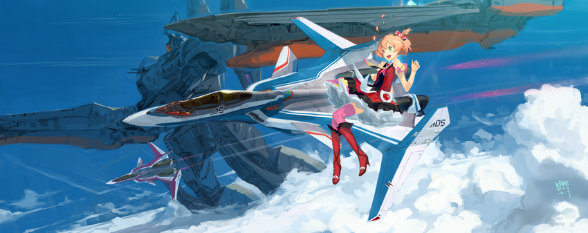 airplane blonde_hair boots bow canards cannon cloud condensation_trail day fighter_jet flying freyja_wion frills green_eyes hair_bow hayate_immelmann high_heel_boots high_heels highres jet macross macross_delta macross_elysion mecha military military_vehicle mirage_farina_jenius science_fiction short_hair side_ponytail sky space_craft storm_attacker thighhighs tommy830219 variable_fighter vf-31 vf-31c vf-31j
