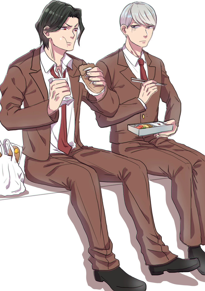 chopsticks danganronpa danganronpa_3 eating full_body green_hair highres kibougamine_gakuen_school_uniform male_focus multiple_boys munakata_kyousuke necktie obentou protected_link red_eyes red_neckwear sakakura_juuzou school_uniform sitting white_hair younger yuuta_(enokimokomoko)