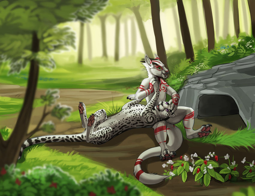 2016 3_fingers 3_toes 4_fingers 4_toes absurd_res anthro aryn bent_arm bent_legs biped black_markings blurred_background brown_horn caress cave cheetah day detailed_background digital_media_(artwork) digital_painting_(artwork) digitigrade dragon duo eye_contact featureless_crotch feline feral flower forest fur grass green_eyes grin hand_holding hand_on_head hi_res horn legs_raised light long_tail looking_down looking_up love lying male male/male mammal markings nature no_sclera nude on_back on_ground on_lap open_mouth path pawpads petting pink_pawpads plant purple_eyes quadruped raised_arm red_markings red_stripes rock semi-anthro shade shaded shadow sitting skinny_tail snout soft_shading spots spotted_fur stripes the_secret_cave_(character) theowlette thin_tail toes tree whiskers white_fur