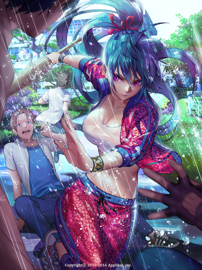 4boys blue_hair dated day fighting furyou_michi_~gang_road~ hair_ribbon highres midriff multiple_boys original outdoors ponytail purple_eyes rain ribbon solo_focus soo_kyung_oh tank_top track_suit