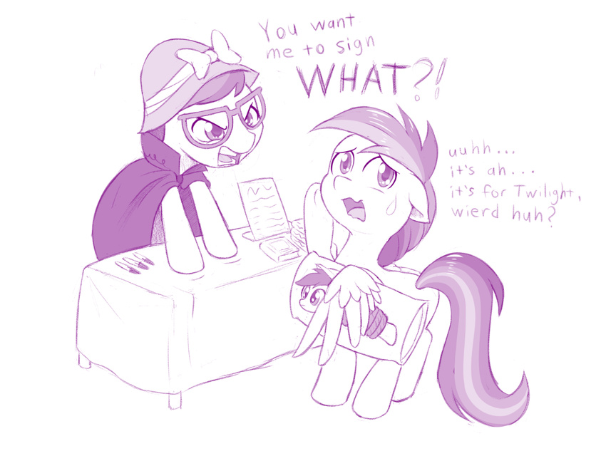 2016 cape clothed clothing dakimakura_design daring_do_(mlp) dialogue dstears duo embarrassed english_text equine eyewear feathered_wings feathers female feral friendship_is_magic fur glasses hair hat looking_at_viewer mammal monochrome my_little_pony pegasus rainbow_dash_(mlp) sweat table text wings