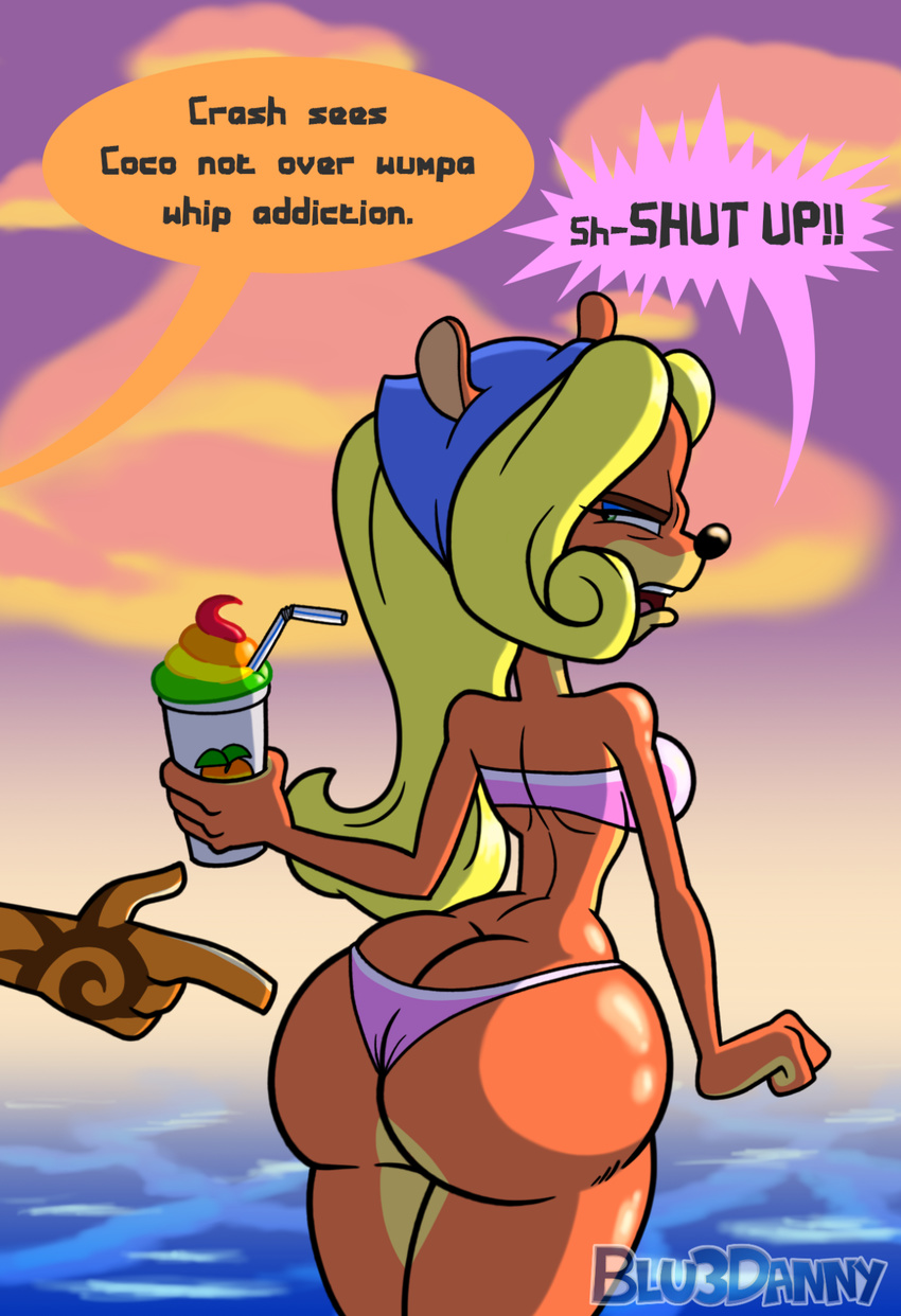 angry bandicoot beach beverage big_butt bikini blonde_hair blu3danny butt clothing coco_bandicoot crash_bandicoot crash_bandicoot_(series) hair mammal marsupial seaside swimsuit video_games