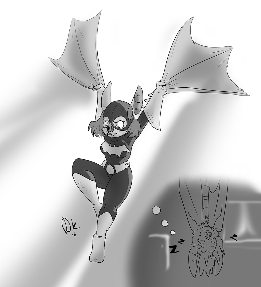 anthro astronautdk bat batgirl batman_(series) breasts cosplay dream endtown fan_character female greyscale hair jenny_clover mammal membranous_wings monochrome short_hair sleeping smile solo superhero upside_down wings