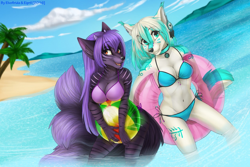 2016 anthro artica_sparkle ball beach beach_ball big_breasts bikini black_fur blue_eyes blue_fur blue_hair breasts bridge_piercing canine cleavage clothed clothing cloud collar dreamcatcher duo ear_piercing eipril elvofirida facial_piercing feathers female fox fur hair horn inner_tube looking_at_viewer mammal multi_tail nose_piercing outside palm_tree partially_submerged piercing purple_hair red_eyes seaside skimpy snowflake standing swimsuit tree water white_fur white_hair
