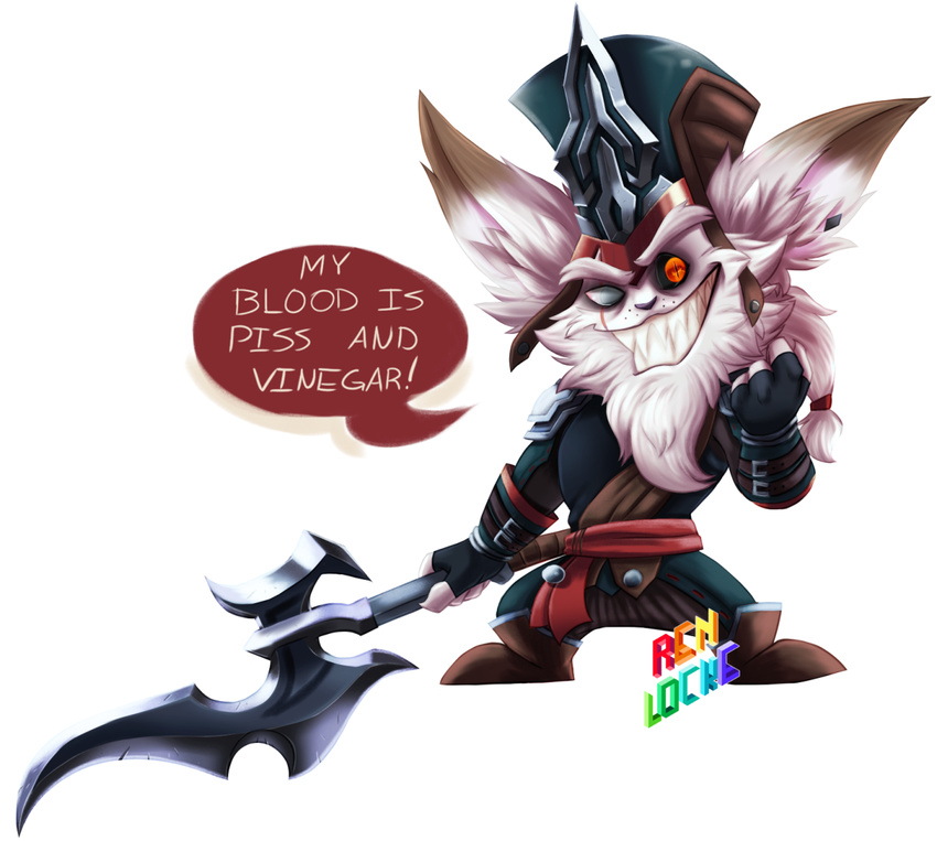 anthro axe blind_eye clothed clothing costume english_text eye_scar fur fwuffyfurry hat kled league_of_legends looking_at_viewer male mammal melee_weapon scar simple_background smile solo standing teeth text video_games weapon white_background white_fur yordle