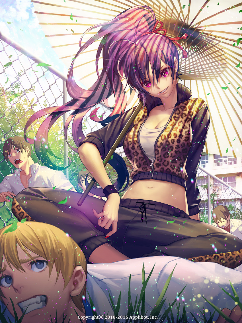 4boys dated day furyou_michi_~gang_road~ hair_ribbon highres indian_style midriff multiple_boys navel oriental_umbrella original outdoors parted_lips ponytail purple_eyes purple_hair rain ribbon running sitting sitting_on_person smile solo_focus soo_kyung_oh tank_top track_suit umbrella