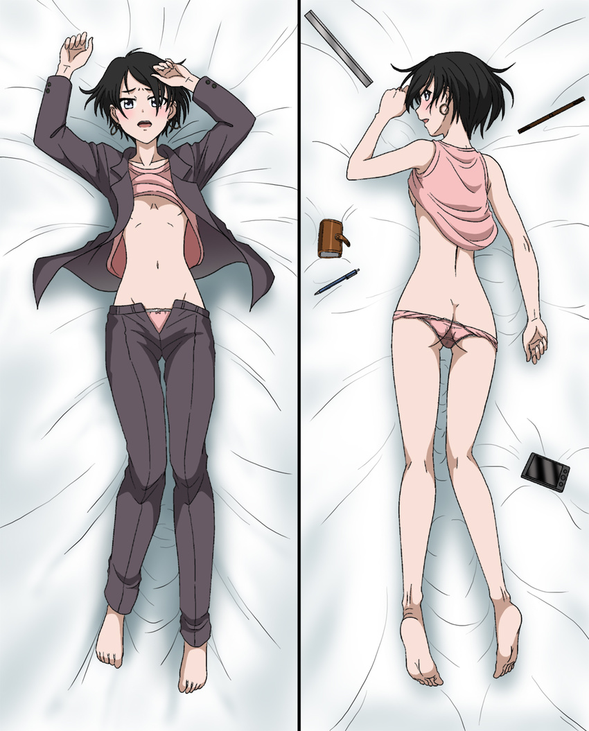 bangs barefoot black_hair blazer blush bow bow_panties breasts butt_crack crotch_seam dakimakura earrings full_body grey_jacket highres jacket jewelry kakkii lace lace-trimmed_panties looking_at_viewer looking_back lying multiple_views no_bra no_pants okitsu_yuka on_back open_clothes open_jacket open_pants panties pants panty_pull parted_lips pink_panties pink_shirt shirobako shirt shirt_lift short_hair tank_top underwear