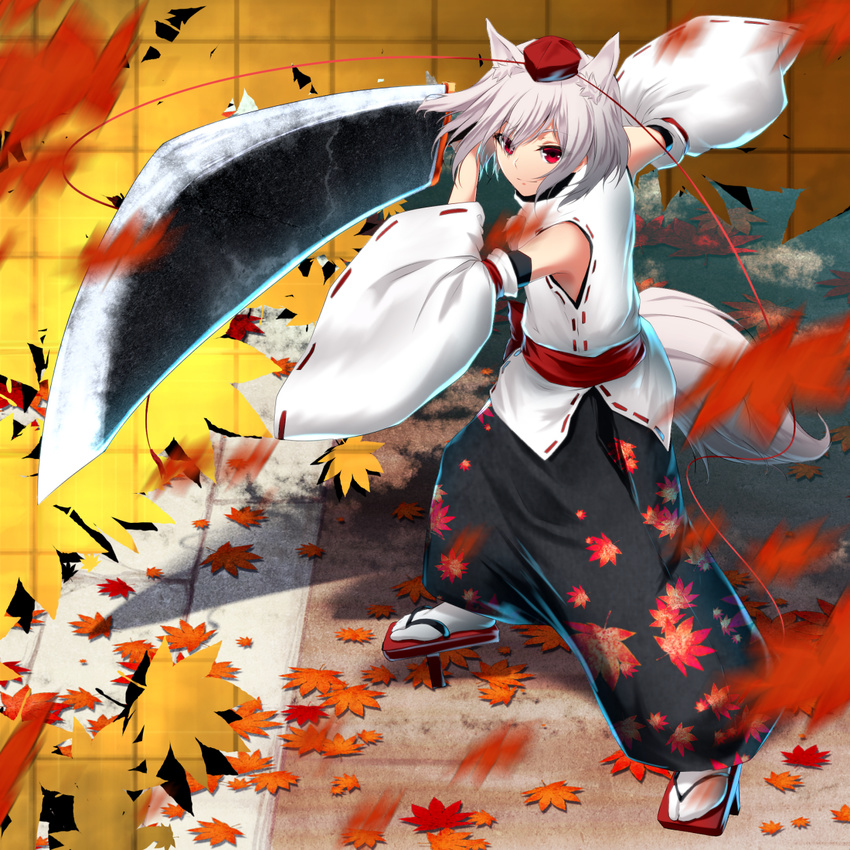 animal_ears aono_meri autumn_leaves bad_id bad_pixiv_id bare_shoulders black_pants closed_mouth detached_sleeves falling_leaves fighting_stance foreshortening from_above full_body geta hat highres inubashiri_momiji leaf leaf_print light_smile long_sleeves looking_at_viewer looking_up pants path red_eyes red_ribbon ribbon ribbon-trimmed_clothes ribbon-trimmed_sleeves ribbon_trim road sleeveless socks solo stance tabi tail tengu-geta tokin_hat touhou turtleneck unsheathed white_legwear wide_sleeves wolf_ears wolf_tail