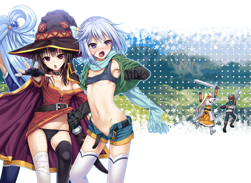 4girls accidental_exposure aqua_(konosuba) bandaged_leg bandages belt black_gloves black_hair black_legwear black_panties blonde_hair blue_hair blush bra bra_lift breasts brown_hair chris_(konosuba) clothes_theft dagger darkness_(konosuba) detached_sleeves dress dress_lift earrings fingerless_gloves fleeing gloves hat jewelry kono_subarashii_sekai_ni_shukufuku_wo! long_hair looking_at_viewer megumin multiple_girls navel nipple_slip nipples open_clothes open_fly open_mouth outstretched_arm outstretched_hand panties panties_removed purple_eyes red_eyes satou_kazuma scarf short_hair short_shorts shorts silver_hair single_thighhigh small_breasts sword tears theft thighhighs unclasped underwear underwear_theft weapon white_legwear witch_hat