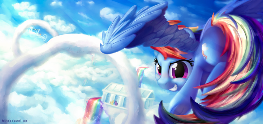 blue_feathers bobdude0 cloud cutie_mark day equine eyelashes feathered_wings feathers female feral flying friendship_is_magic hair hooves mammal multicolored_hair my_little_pony outside pegasus rainbow_dash_(mlp) rainbow_hair rainbow_water sky smile wings