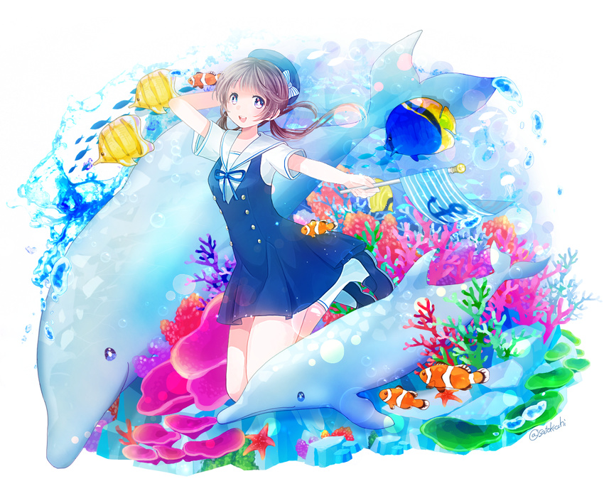 brown_hair bubble clownfish coral coral_reef dolphin dress flag kneehighs loafers long_hair original purple_eyes sailor_collar satokichi_(kope00) shoes short_sleeves smile solo twintails
