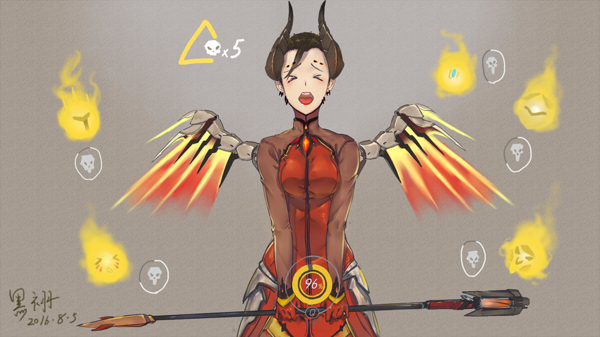 &gt;_&lt; 2016 :o absurdres alternate_costume bastion_(overwatch) black_hair bodysuit breasts closed_eyes cowboy_shot d.va_(overwatch) dark_persona dated demon_horns devil_mercy facial_mark facing_viewer forehead_mark gameplay_mechanics genji_(overwatch) gloves glowing glowing_wings grey_background heiyu highres hitodama holding holding_staff horns lipstick makeup mechanical_wings medium_breasts mercy_(overwatch) open_mouth orange_wings overwatch reaper_(overwatch) red_lipstick reinhardt_(overwatch) screaming simple_background smile solo staff tail unhappy v_arms wings xo