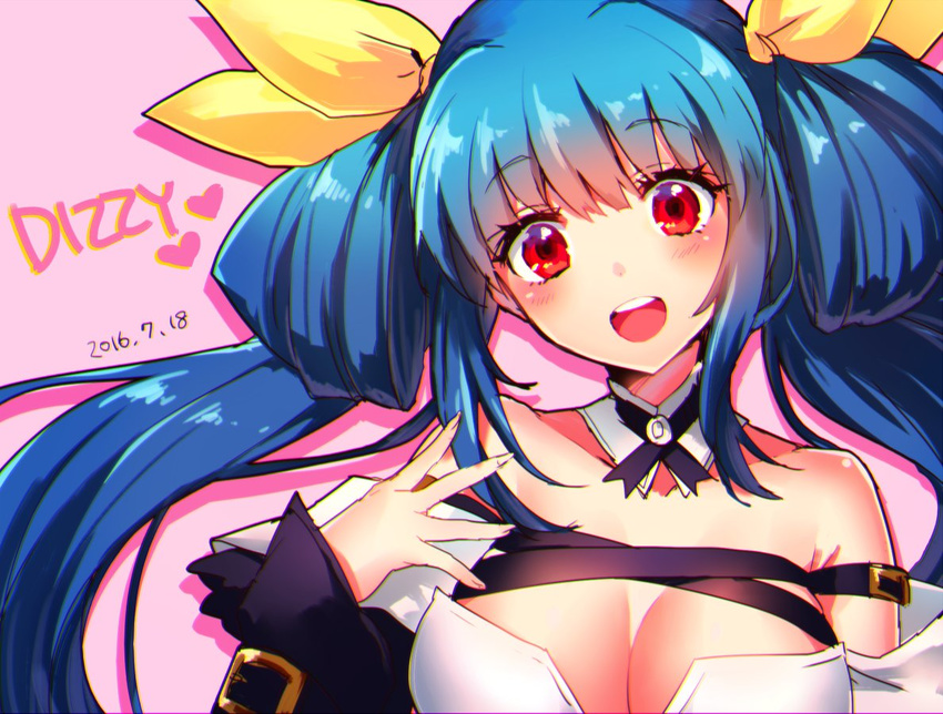 2016 :d bare_shoulders blue_hair blush breasts character_name cleavage dated detached_collar dizzy eyebrows eyebrows_visible_through_hair fujisaki_(hjsk) guilty_gear guilty_gear_xrd hair_ribbon large_breasts long_hair looking_at_viewer open_mouth pink_background red_eyes ribbon smile solo twintails yellow_ribbon