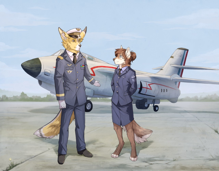 aircraft anthro canine clothed clothing diesel_wiesel duo female fennec fox gloves hands_behind_back hat male mammal outside smile standing volcanins