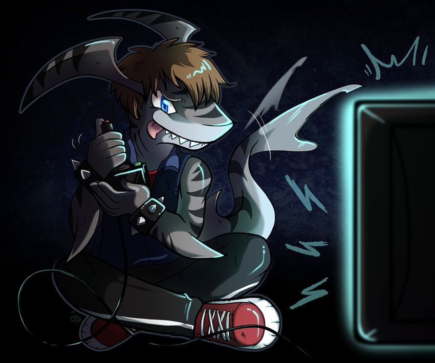 anthro blue_eyes bracelet brown_hair cable clothing dark_room fin fish footwear gills glowing hair jewelry joystick male marine shark solo spikes stripes teeth television the-chu tongue video_games watermark