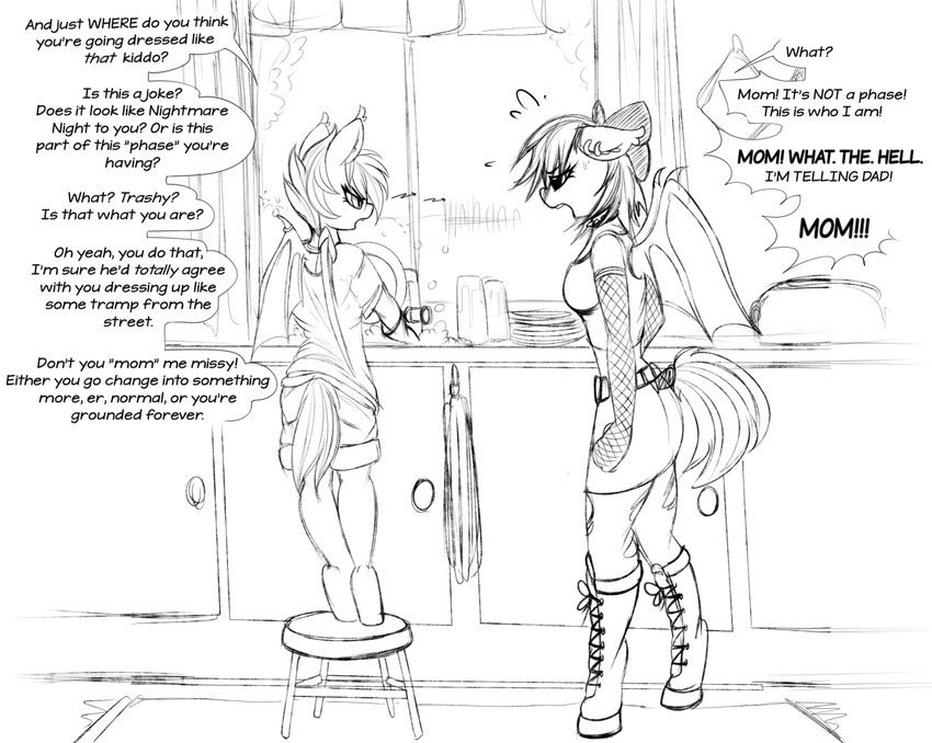 anthro argument bat_pony bat_wings boots clothing daughter dialogue duo elbow_gloves english_text fan_character female fishnet footwear gloves inside membranous_wings monochrome mother mother_and_daughter my_little_pony nolegs_(oc) parent replica_(artist) sketch text wings