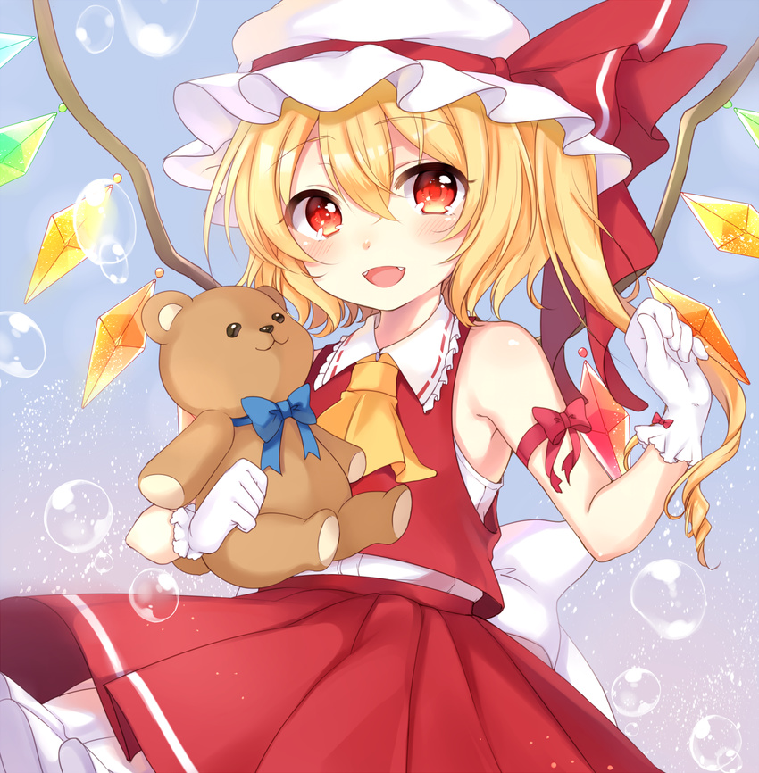 adapted_costume ascot bare_shoulders blonde_hair blush bubble fangs flandre_scarlet gloves highres open_mouth paragasu_(parags112) red_eyes side_ponytail sleeveless solo stuffed_animal stuffed_toy teddy_bear touhou wings