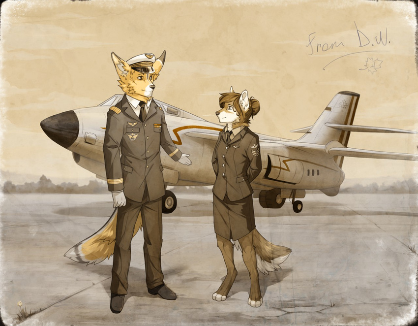 aircraft anthro canine clothed clothing diesel_wiesel duo female fennec fox gloves hands_behind_back hat male mammal outside postcard smile standing volcanins